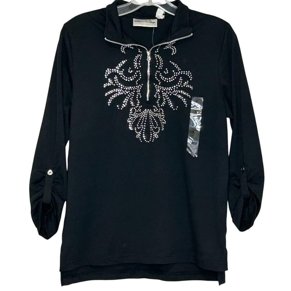 NWT Rebecca Malone Large Caviar 3/4 Sleeve Blouse with Embellishments Zipper